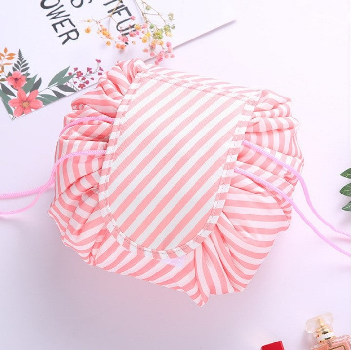 Drawstring Cosmetic Bag Travel Organizer - Pink Stripe