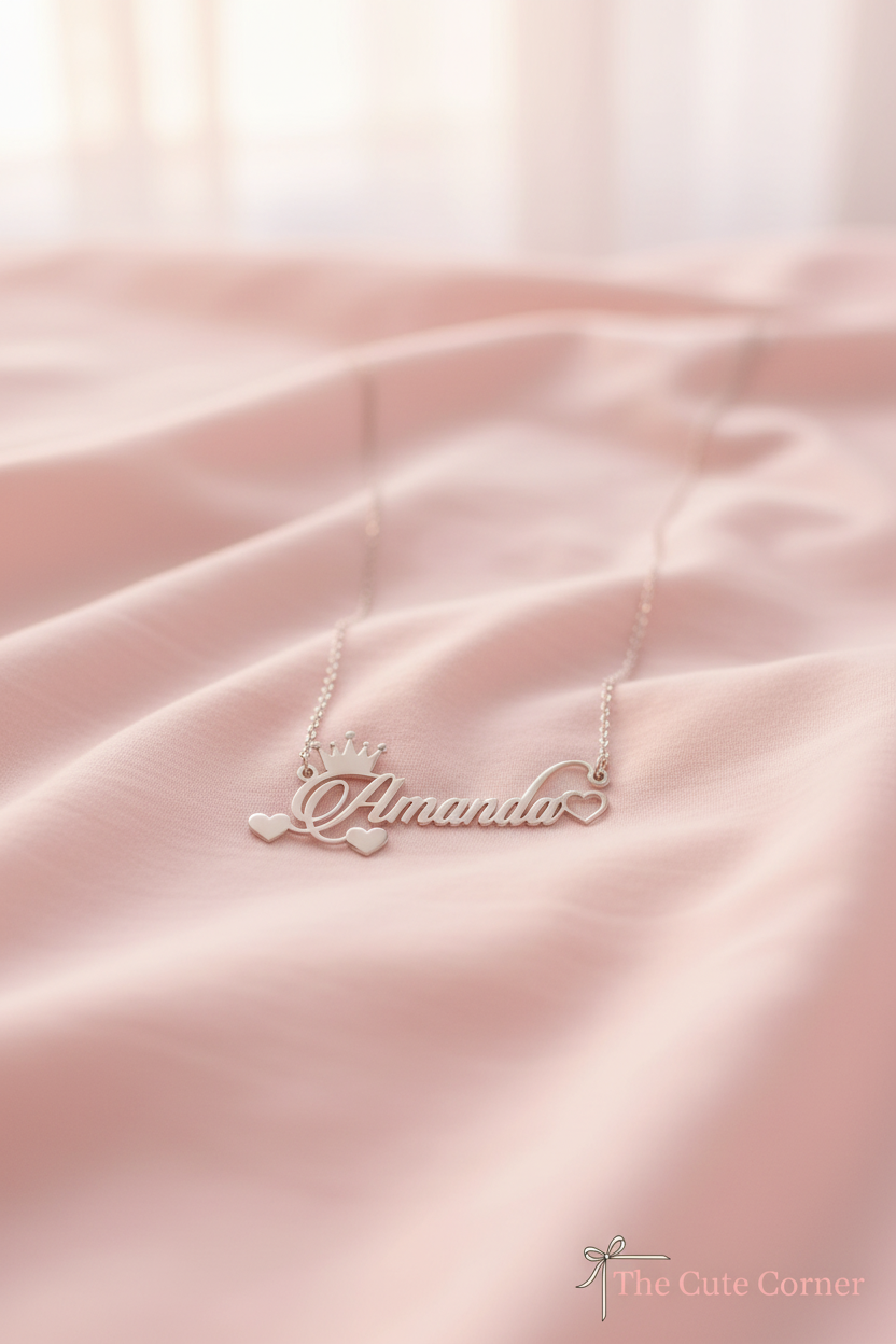 Personalised Crown & Heart Name Necklace – Gold & Silver