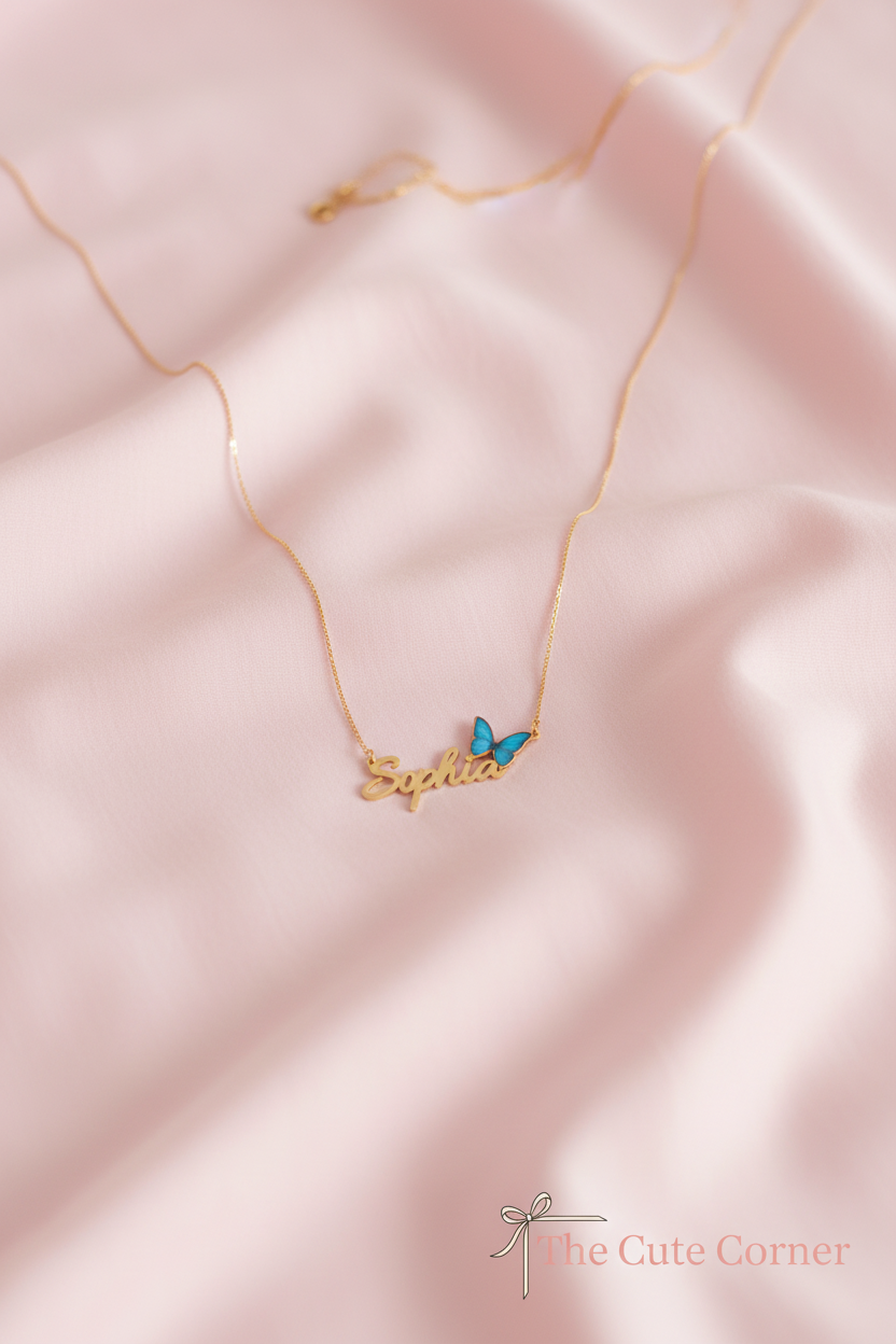 Personalised Blue Butterfly Name Necklace – Gold & Silver