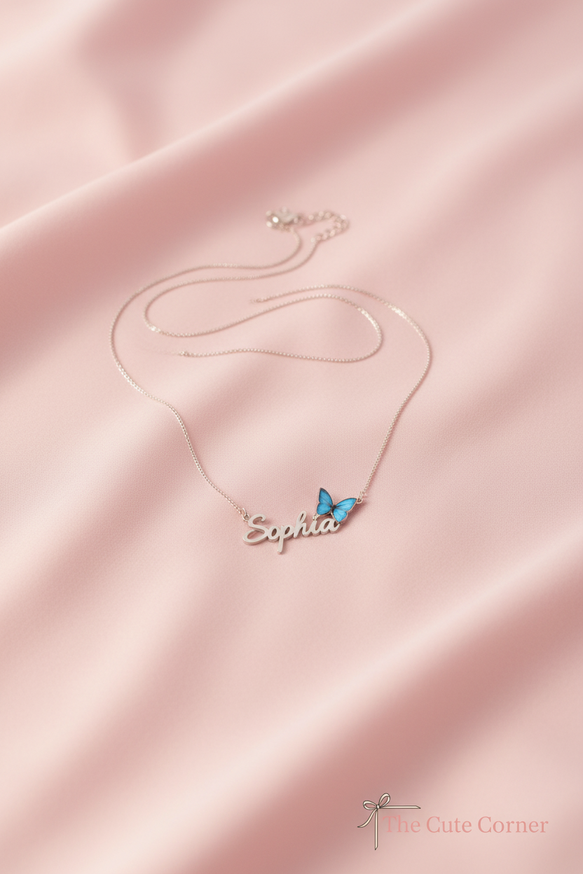 Personalised Blue Butterfly Name Necklace – Gold & Silver