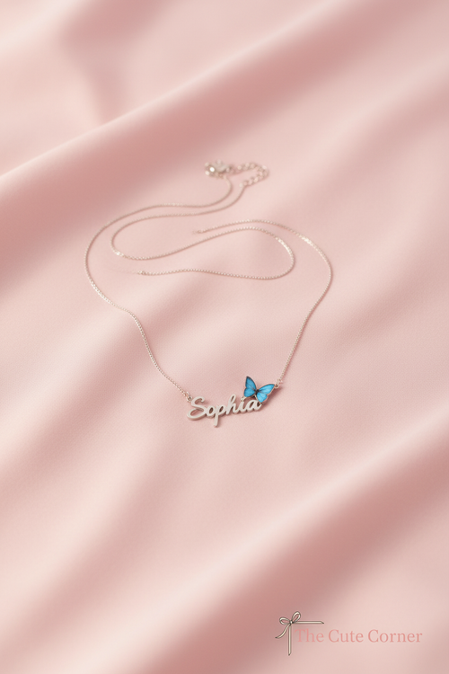 Personalised Blue Butterfly Name Necklace – Gold & Silver